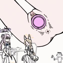 Rule 34 | 1boy, 2girls, ?, animal ear fluff, animal ears, animated, animated gif, anus, ass, blonde hair, blue archive, chair, clitoris, closed eyes, closed mouth, controller, cup, detached sleeves, dildo, doodle sensei (blue archive), dress, drifter, drifter (jrft3475), fox ears, hair bun, halo, holding, holding cup, long hair, looking at another, mika (blue archive), multiple girls, object insertion, pantyhose, pink hair, pink halo, pussy, remote control, remote control vibrator, revision, seia (blue archive), sensei (blue archive), sex toy, single side bun, sitting, sleeves past fingers, sleeves past wrists, table, uncensored, vaginal, vaginal object insertion, vibrator, white dress, white pantyhose, yellow halo