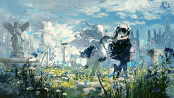 2girls arcaea artist_request bare_shoulders black_choker black_dress black_hair black_pantyhose blue_butterfly boots bow bowtie breasts bug butterfly castle choker cross-laced_clothes cross-laced_dress dress flower frilled_sleeves frills from_behind full_body grass hair_bow head_wreath highres hikari_(arcaea) hikari_(reunion)_(arcaea) insect jewelry long_hair long_sleeves multiple_girls necklace non-web_source off-shoulder_dress off_shoulder on_grass pantyhose pink_eyes puffy_sleeves ribbon standing statue tairitsu_(arcaea) tairitsu_(reunion)_(arcaea) twintails very_long_hair white_boots white_hair yuri