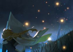 Rule 34 | 1boy, aether (genshin impact), ahoge, armor, artist name, back, black boots, black gloves, black pants, black shirt, black sky, blonde hair, boots, braid, commentary, english commentary, fireflies, floating clothes, floating hair, genshin impact, gloves, gold trim, grass, hair ornament, hair ribbon, highres, long hair, low-braided long hair, low-tied long hair, male focus, midriff, mountain, night, night sky, outdoors, pants, ribbon, river, satow tewu, scarf, shirt, short sleeves, shoulder armor, sitting, sky, solo, water, white ribbon, white scarf