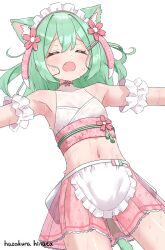 1girl animal_ears bikini cat_ears closed_eyes commentary_request green_hair hazakura_hinata highres maid maid_bikini navel original solo swimsuit tail unconventional_maid variant_set wa_maid