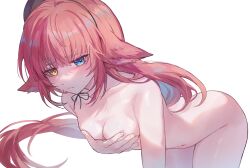 1girl animal_ears black_bow blue_eyes bow breasts chinese_commentary closed_mouth commentary_request completely_nude covering_breasts covering_privates cowboy_shot embarrassed frown hand_on_own_chest heterochromia highres kaedetou kaling leaning_forward long_hair looking_at_viewer maplestory medium_breasts nude pink_hair simple_background solo sweat white_background yellow_eyes