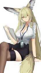Rule 34 | 1girl, alternate costume, animal ears, arknights, arm support, black skirt, black thighhighs, blonde hair, braid, breasts, cleavage, clipboard, closed mouth, collared shirt, crossed legs, dress shirt, feet out of frame, fox ears, fox girl, fox tail, hair between eyes, hand up, highres, holding, holding clipboard, hrk (dxez4457), id card, lanyard, large breasts, long hair, miniskirt, office lady, orange eyes, pencil skirt, see-through clothes, see-through shirt, shirt, side braid, simple background, sitting, skindentation, skirt, solo, tail, thighhighs, untucked shirt, very long hair, vulpisfoglia (arknights), watch, white background, white shirt, wristwatch, zettai ryouiki