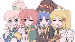 Rule 34 | 4girls, ahoge, aqua (konosuba), aqua (konosuba) (cosplay), blonde hair, blue eyes, blue hair, blush, bocchi the rock!, chomusuke, cosplay, cube hair ornament, darkness (konosuba), darkness (konosuba) (cosplay), detached ahoge, gotoh hitori, green eyes, hair ornament, hairclip, hat, ijichi nijika, kita ikuyo, kono subarashii sekai ni shukufuku wo!, megumin, megumin (cosplay), multiple girls, one eye closed, parody, pink hair, red hair, satou kazuma, satou kazuma (cosplay), thumbs up, tomorrow (konosuba), upper body, witch hat, x hair ornament, yamada ryo, yunayuispink