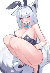 1girl absurdres alternate_costume alternate_hairstyle animal_ear_fluff animal_ear_piercing animal_ears aqua_eyes black_footwear blue_bow blue_bowtie bow bowtie breasts cleavage commentary_request deaver detached_collar embarrassed fake_animal_ears fox_ears fox_girl fox_tail high_heels highres hololive large_breasts leotard long_hair open_mouth playboy_bunny rabbit_ears shirakami_fubuki simple_background solo squatting sweat tail thick_thighs thighs virtual_youtuber white_background white_hair white_wrist_cuffs wrist_cuffs