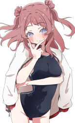 1girl absurdres arm_up black_one-piece_swimsuit blue_eyes blush breasts brown_hair collarbone competition_swimsuit covered_navel gakuen_idolmaster groin hanami_saki highres idolmaster jacket jacket_on_shoulders long_hair looking_at_viewer medium_breasts one-piece_swimsuit simple_background smile solo swimsuit two_side_up uriumi_sub v v_over_mouth white_background white_jacket