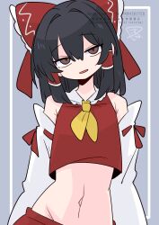 1girl armpit_crease ascot black_hair bow brown_eyes collar crop_top detached_sleeves frilled_bow frills hair_bow hair_intakes hair_tubes hakurei_reimu highres looking_at_viewer midriff navel nontraditional_miko op_na_yarou raised_eyebrows red_bow red_skirt ribbon_trim sidelocks skirt skirt_set sleeveless smile solo touhou white_collar yellow_ascot