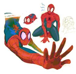 1boy animal_print arms_up blue_bodysuit bodysuit commentary covered_collarbone english_commentary highres male_focus marvel mask muscular muscular_male red_bodysuit red_mask rorokonaa silk simple_background sitting solo spider-man spider-man_(series) spider_print spider_web spider_web_print superhero_costume two-tone_bodysuit white_background