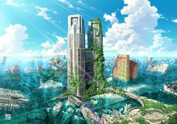 abandoned absurdres blue_sky cloud commentary_request day dilapidated flood highres horizon no_humans ocean original outdoors overgrown post-apocalypse road ruins scenery sky tokyo_(city) tokyo_city_hall tokyo_metropolitan_government_building tokyogenso water window