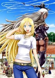 10s 2girls 6+boys aircraft airplane animal_ears apron armor ass assault_rifle battle_rifle belt black_hair blonde_hair blue_eyes blue_hair boots bozes_co_palesti breasts broom brown_hair cape capelet car cat_ears cat_tail character_request covered_erect_nipples cowboy_shot dark-skinned_female dark_elf dark_skin delilah_(gate) denim earrings elf everyone f-4_phantom_ii fighter_jet flagpole fur gate_-_jieitai_ka_no_chi_nite_kaku_tatakaeri gun halberd helmet highres hummer japanese_flag jeans jewelry large_breasts lelei_la_lalena long_hair looking_at_viewer looking_back maid maid_apron maid_headdress meia_(gate) midriff military military_uniform military_vehicle motor_vehicle multiple_boys multiple_girls myuute myuute_luna_sires navel necklace open_mouth panache_kalgi pants pointy_ears polearm ponytail rabbit_ears rifle rory_mercury running sao_satoru sash sheath sheathed shirt smile standing stomach storefront sweeping sword t-shirt tail thigh_boots thighhighs tongue tuka_luna_marceau vambraces very_long_hair weapon white_hair wolf_(gate) wolf_ears wolf_tail yao_haa_dushi