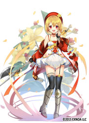 Rule 34 | 1girl, :d, armored boots, axe, beret, black gloves, black shorts, black thighhighs, blonde hair, blouse, boots, choker, fingerless gloves, flat chest, flower, flower knight girl, full body, gloves, hat, hat flower, hiperikamu (flower knight girl), holding, holding axe, jacket, knee boots, kurot, looking at viewer, name connection, object namesake, official art, open mouth, petals, red choker, red eyes, red hat, red jacket, see-through clothes, see-through skirt, shiny skin, shirt, short hair, short shorts, shorts, skirt, smile, solo, standing, thighhighs, white skirt