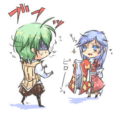 1boy 1girl blue_eyes blue_hair brown_pants brown_vest chibi chibi_only closed_mouth clown_(ragnarok_online) commentary_request dress full_body green_hair high_priest_(ragnarok_online) long_hair looking_at_another lowres matoyuuki open_mouth pants pink_dress ragnarok_online sash short_hair simple_background smile standing translation_request v-shaped_eyebrows vest white_background white_sash