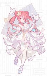 1girl bare_shoulders blue_shoes bow breasts choker cleavage commission double_bun dress earrings floating floating_object flower full_body gloves hair_bun hair_flower hair_ornament happy highres jewelry light_particles long_hair miniskirt mizemengs neck_flower nikki_(nikki) nikki_(series) origami paper paper_airplane paper_crane petals pink_hair pleated_skirt puffy_short_sleeves puffy_sleeves sample_watermark shining_nikki shoes short_sleeves sidelocks skirt skirt_under_dress solo sparkle standing strapless strapless_dress thighhighs too_many_watermarks twintails watermark wavy_hair white_background white_choker white_dress white_gloves white_sleeves white_thighhighs yellow_bow yellow_flower yellow_skirt