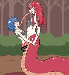 2girls black_bra blue_hair bra breasts censored cleavage gloves highres lamia large_breasts long_hair long_tongue monster_girl multiple_girls open_mouth pointless_censoring pussy red_eyes red_hair short_hair smile tongue unbirthing underwear vore
