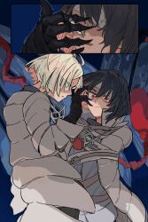 Rule 34 | 2girls, bandage over one eye, black hair, blue background, bob cut, cigarette, coat, faust (project moon), highres, limbus company, long sleeves, looking at another, mask, multiple girls, project moon, red eyes, respirator, ryoshu (project moon), short hair, sijo nm, simple background, solo, straitjacket, thoracalgia (e.g.o), upper body, white coat, white hair