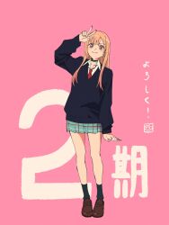 1girl black_sweater blonde_hair commentary_request ear_piercing earrings full_body gradient_hair green_skirt highres jewelry kitagawa_marin miniskirt multicolored_hair necktie piercing pink_background pink_hair pleated_skirt purple_eyes red_necktie shirt simple_background skirt solo sono_bisque_doll_wa_koi_wo_suru sweater tomato_(lsj44867) translation_request two-tone_hair v white_shirt