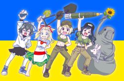 2others 4girls anonymous_(japanese) arm_up azov_battalion barefoot belarusian_flag belarusian_flag_print belt black_shirt black_sweater blonde_hair blouse blue_eyes blue_shirt blue_shoes blue_stripes bob_cut boots bow breasts brown_boots brown_eyes brown_pants cargo_pants cigarette cleavage closed_eyes crop_top dress flag_background gloves green_gloves green_hair green_shirt green_tank_top grin hair_between_eyes hair_ribbon hand_on_own_hip hat holding holding_knife holding_missile holding_phone holding_shovel holding_sunflower homunculus_loxodontus hood hoodie jacket japanon knife kraken_(japanon) large_breasts leaning_to_the_side lera_(sighttobehold) long_hair looking_at_viewer marichka medium_breasts midriff military military_uniform miniskirt multiple_girls multiple_others navel open_mouth original outstretched_arm pants pantyhose paulinka_(japanon) peaked_cap phone pinafore_dress pleated_skirt red_stripes ribbon russian_anti-war_flag russo-ukrainian_war schweinokaras sharp_teeth shirt shirt_bow shoes short_hair shovel skirt sleeveless sleeveless_dress smile sneakers squid_print stomach swastika_tattoo sweater tank_top tattoo teeth toes tongue turtleneck turtleneck_sweater ukraine ukrainian_flag upper_teeth_only white_hoodie white_pantyhose