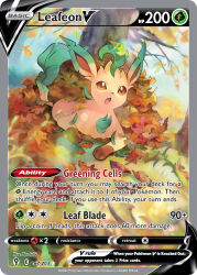 :o animal_focus artist_name autumn_leaves brown_eyes card_(medium) character_name company_name copyright_name copyright_notice day english_text gen_4_pokemon grass iribi_you leaf leaf_on_head leaf_pile leafeon nintendo no_humans official_art open_mouth outdoors pokemon pokemon_(creature) pokemon_card pokemon_focus pokemon_tcg solo third-party_source trading_card tree