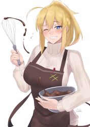 1girl absurdres ahoge apron artoria_pendragon_(fate) blonde_hair blush bowl breasts brown_apron chocolate fate/grand_order fate_(series) grin hair_between_eyes highres large_breasts long_hair long_sleeves looking_at_viewer mysterious_heroine_xx_(fate) one_eye_closed ponytail ribbed_sweater s4ika sidelocks smile sweater turtleneck turtleneck_sweater variant_set whisk white_background white_sweater
