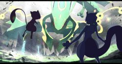 absurdres black_sclera claws colored_sclera commentary_request dragon facing_away floating_rock gen_1_pokemon gen_3_pokemon grass highres legendary_pokemon mega_pokemon mega_rayquaza mew_(pokemon) mewtwo mythical_pokemon nintendo no_humans outstretched_arms pokemon pokemon_(creature) rayquaza red_eyes spread_arms standing tail zeroartwo