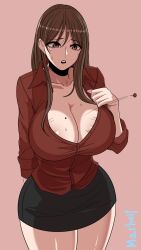 1girl artist_name beautiful_gunbari black_skirt breasts brown_eyes brown_hair bursting_breasts cleavage collarbone collared_shirt embarrassed huge_breasts jung_su-a long_hair marheit mole mole_on_breast narrow_waist pencil_skirt pink_background red_shirt shiny_skin shirt simple_background skirt solo sweat sweatdrop wide_hips
