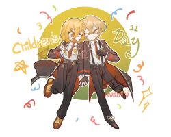 1boy 1girl black_coat black_gloves black_pants black_shoes blonde_hair brown_shoes closed_mouth coat collared_shirt confetti don_quixote_(project_moon) drownin124 full_body gloves highres holding_hands limbus_company long_sleeves looking_at_another necktie one_eye_closed pants project_moon red_necktie shirt shoes short_hair simple_background sinclair_(project_moon) standing white_background white_shirt yellow_eyes