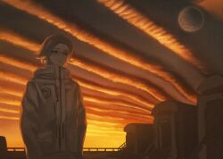 1boy 7nite absurdres aotsuki_eito blue_eyes chinese_commentary cloud cloudy_sky glasses grey_hair hands_in_pockets highres jacket looking_ahead male_focus outdoors pocket satellite short_hair signature sky solo sunset the_hundred_line_-last_defense_academy- white_jacket