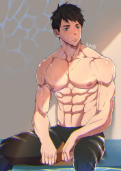 Rule 34 | 1boy, abs, absurdres, alternate pectoral size, bara, black hair, black male swimwear, blue eyes, closed mouth, commentary, english commentary, free!, highres, jammers, large pectorals, male focus, male swimwear, muscular, muscular male, navel, nipples, pectorals, short hair, sitting, solo, suyohara, thick thighs, thighs, topless male, veins, veiny arms, yamazaki sousuke