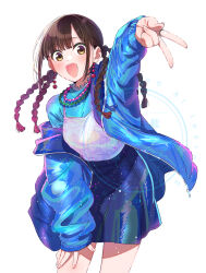 1girl bead_necklace beads blue_jacket blue_shirt blue_skirt blush braid earrings highres hirayama_kanna jacket jewelry looking_at_viewer necklace open_clothes open_jacket open_mouth real_life shirt simple_background skirt takahashi_rie thighs v white_background