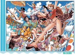 Rule 34 | 1boy, 6+girls, artist name, black hair, blonde hair, blue hair, blue sky, boa hancock, carrot (one piece), cloud, highres, horns, jewelry bonney, kikunojo (one piece), koala (one piece), kurozumi tama, long hair, multicolored hair, multiple girls, nami (one piece), nami (one piece) (weather queen), nefertari vivi, nico robin, one piece, orange hair, perona, pink hair, purple hair, rabbit ears, rabbit girl, rebecca (one piece), shirahoshi, short hair, sky, sugar (one piece), tashigi, third-party edit, trap, two-tone hair, ulti (one piece)