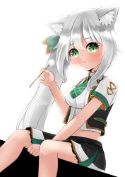 1girl :c aged_down animal_ear_fluff animal_ears between_legs black_skirt black_vest blush bow breasts cat_ears collared_shirt dandelion flower gaarya green_bow green_eyes green_necktie hair_between_eyes hair_bow hair_ornament hand_between_legs hand_up head_tilt heart heart_in_eye highres hizuki_miu holding holding_flower impossible_clothes impossible_shirt long_hair looking_at_viewer medium_breasts midriff multicolored_skirt necktie ponytail raised_eyebrows shirt side_ponytail silver_hair simple_background sitting skirt solo_focus stomach symbol_in_eye triangle triangle_print very_long_hair vest virtual_youtuber wactor_production white_background white_shirt wing_collar