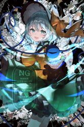 Rule 34 | 1girl, :d, black hat, blouse, blush, bow, buttons, diamond button, frilled shirt collar, frilled skirt, frilled sleeves, frills, green eyes, green hair, green skirt, hat, hat bow, heart, heart of string, highres, komeiji koishi, long sleeves, looking at viewer, open mouth, outstretched arms, sakizaki saki-p, shirt, short hair, skirt, smile, solo, standing, third eye, touhou, watermark, yellow bow, yellow shirt