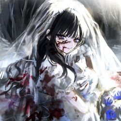 1girl akai_ringo_(eveyuno) black_dress black_gloves black_hair black_headdress blood blood_on_face breasts choker curtains dress elbow_gloves gloves goth_fashion highres indoors lolita_fashion long_sleeves looking_at_viewer non-web_source original solo window