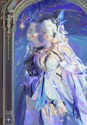 2girls absurdres black_dress breasts chest_harness crack cracked_glass different_reflection dress genshin_impact gloves gradient_gloves gradient_sleeves hair_ornament harness highres long_hair looking_at_reflection medium_breasts multiple_girls purple_gloves purple_thighhighs reflection skirk_(genshin_impact) tamomoko taro-k thighhighs white_dress white_hair