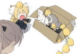 &gt;_&lt; 2girls animal animal_ear_fluff animal_ears animal_on_head armband azur_lane baby_animal bird blonde_hair box brown_hair cardboard_box cat cat_ears chibi chick closed_eyes crying dress hatski.sin highres in_box in_container jean_bart_(azur_lane) long_hair manjuu_(azur_lane) meowfficer_(azur_lane) multiple_girls on_head open_mouth oscar_(azur_lane) pointing pointing_at_another ponytail shadow simple_background tears too_many white_background