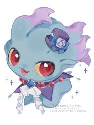 blue_bow bow character_request commentary fang flower full_body hat hat_bow hat_flower highres iwasi_29 looking_at_viewer nintendo no_humans open_mouth pokemon pokemon_(creature) purple_flower purple_hat red_eyes simple_background skin_fang smile solo symbol-only_commentary twitter_username watermark white_background