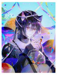 1boy absurdres animal_ears ayn_alwyn balloon bandage_on_hair bandages beret black_collar black_hair black_hat black_jacket black_nails blue_background border candy cat_boy cat_ears chinese_commentary closed_mouth collar collarbone eyeball facial_mark food frown hair_between_eyes hat heart heart_facial_mark highres jacket kemonomimi_mode knees_to_chest lapels layered_sleeves lollipop long_sleeves looking_at_viewer lovebrush_chronicles male_focus nail_polish notched_lapels official_alternate_costume red_eyes red_ribbon ribbon see-through_balloon see-through_clothes see-through_sleeves shirt short_hair single_off_shoulder sleeves_past_wrists solo streamers torn_clothes torn_shirt upper_body white_border zhumojian