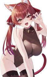 1girl :d absurdres animal_ears bell black_choker blush breasts cat_ears cat_tail choker collarbone covered_navel fang gluteal_fold groin heterochromia highres hololive houshou_marine jingle_bell large_breasts leaning_forward leotard looking_at_viewer neck_bell open_mouth paw_pose puripuri red_eyes red_hair simple_background skindentation smile solo tail thighhighs thighs virtual_youtuber white_background