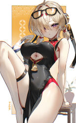 1girl black_dress blonde_hair breasts china_dress chinese_clothes clothing_cutout dress eyes_visible_through_hair eyewear_on_head hair_over_one_eye hand_fan holding holding_fan large_breasts looking_at_viewer pelvic_curtain purple_eyes scottie_(phantom2) solo sweety_(zenless_zone_zero) thigh_strap underboob zenless_zone_zero