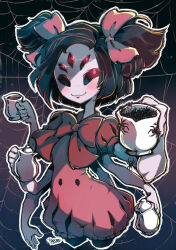 1girl absurdres arthropod_girl artist_name black_hair blush bow bowtie bug cup extra_arms extra_eyes highres holding holding_cup holding_teapot insect_girl looking_at_viewer muffet parororo red_bow red_bowtie red_ribbon ribbon short_twintails silk smile solo spider spider_girl spider_web teapot twintails undertale