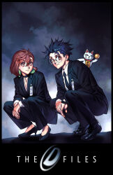 1boy 1girl ayase_momo black_choker black_hair black_jacket black_necktie black_pants black_shoes black_suit brown_eyes brown_hair cat choker collared_shirt crossed_bangs dandadan earrings fbi formal_clothes full_body glasses hair_between_eyes high_heels highres jacket jewelry necktie pants parted_bangs pumps round_eyewear shirt shoes short_hair solthrys squatting suit suit_jacket takakura_ken_(dandadan) the_x-files turbo_granny_(dandadan) watch wristwatch