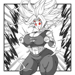 1girl abs absurdres baby_(dragon_ball) breasts cameltoe cleavage crop_top dragon_ball dragon_ball_gt dragon_ball_super earrings highres huge_breasts jewelry kefla_(dragon_ball) looking_down midriff muscular muscular_female navel nexx_art ponytail possessed potara_earrings red_eyes saiyan simple_background sleeveless smile solo spiked_hair spot_color super_saiyan thick_thighs thighs torn_clothes white_background