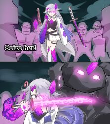 1girl absurdres asymmetrical_horns chest_jewel devil_may_cry_(series) devil_may_cry_5 dunkemz english_text gem gem_hair_ornament hand_jewel highres hololive hololive_english horns jacket katana koseki_bijou material_growth midriff moai moai_(koseki_bijou) multicolored_gemstone navel pebble_(koseki_bijou) purple_gemstone single_arm_guard sword virtual_youtuber weapon