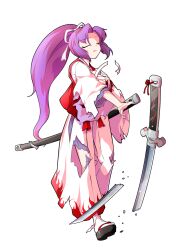 1girl alphes_(style) commentary_request dairi defeat full_body hair_ribbon haori high_ponytail highres japanese_clothes katana large_variant_set long_hair long_sleeves meira_(touhou) pants parody ponytail purple_hair red_vest ribbon socks solo style_parody sword tabi tachi-e torn_clothes touhou touhou_(pc-98) transparent_background variant_set vest weapon white_pants white_ribbon white_socks wide_sleeves