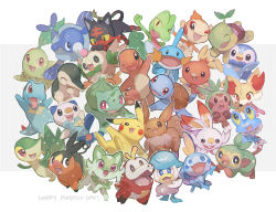 :d ;d animal_focus anniversary arm_up blue_eyes bright_pupils bulbasaur charmander chespin chikorita chimchar commentary_request creatures_(company) cyndaquil fangs fennekin froakie fuecoco game_freak gen_1_pokemon gen_2_pokemon gen_3_pokemon gen_4_pokemon gen_5_pokemon gen_6_pokemon gen_7_pokemon gen_8_pokemon grookey happy highres kikuyoshi_(tracco) litten looking_up mudkip nintendo no_humans one_eye_closed open_mouth oshawott piplup pokemon pokemon_(creature) popplio quaxly red_eyes rowlet scorbunny smile snivy sobble sprigatito squirtle starter_pokemon_trio tepig tongue torchic totodile treecko turtwig white_background white_pupils
