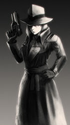 Rule 34 | 1girl, 3ihard, adapted costume, alternate hairstyle, coat, fedora, female focus, greyscale, gun, handgun, hat, highres, lipstick, makeup, metroid, monochrome, nintendo, samus aran, solo, trench coat, weapon