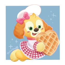 1girl animal_ears animification bow chef chef_hat cookieann dog_girl duffy_and_friends furry furry_female happy hat heart highres long_sleeves looking_at_viewer shirt smile solo standing stuffed_animal stuffed_toy takatmaorange