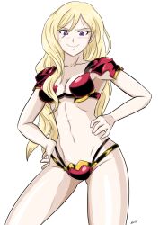 1girl armor armpits artist_name bare_legs bikini_armor blonde_hair closed_mouth collarbone exit_(brush_whip) female_knight_(goblin_slayer!) goblin_slayer! highres knight long_hair navel official_alternate_costume purple_eyes red_armor solo stomach sweatdrop thighs white_background