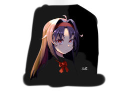 1girl absurdres ahoge bow bowtie character_name closed_mouth collared_shirt hair_intakes hairband head highres long_hair looking_at_viewer parted_bangs purple_hair red_bow red_eyes shirt sketch solo sword_art_online white_background yuuki_(sao) yuuki_(yuuki08435994)