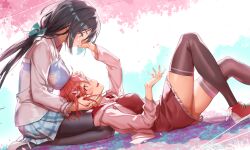 2girls absurdres apron aqua_bow aqua_eyes black_hair black_pantyhose black_thighhighs bow breast_press breast_rest breasts breasts_on_head collared_shirt commentary_request couple dress falling_petals frilled_dress frills from_side hair_bow hand_in_another&#039;s_hair hand_on_another&#039;s_cheek hand_on_another&#039;s_face hand_on_another&#039;s_forehead highres holding_another&#039;s_hair hood hooded_jacket jacket lap_pillow large_breasts long_sleeves looking_at_another low_ponytail lying mary_janes michairu multiple_girls on_back open_clothes open_jacket open_mouth pantyhose petals pink_jacket plaid_clothes plaid_skirt pleated_skirt ponytail profile red_dress red_eyes red_hair red_shoes seiza shirt shoes single_horizontal_stripe sitting skirt smile sneakers split_ponytail thighhighs thighs tougou_mimori tree white_shoes yuri yuuki_yuuna yuuki_yuuna_wa_yuusha_de_aru yuusha_de_aru