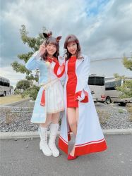 Rule 34 | 2girls, aston machan (umamusume), blue sky, car, dress, highres, inoue honoka, inoue kikuko, mother and daughter, motor vehicle, multiple girls, photo (medium), red dress, skirt, sky, tree, umamusume, white skirt